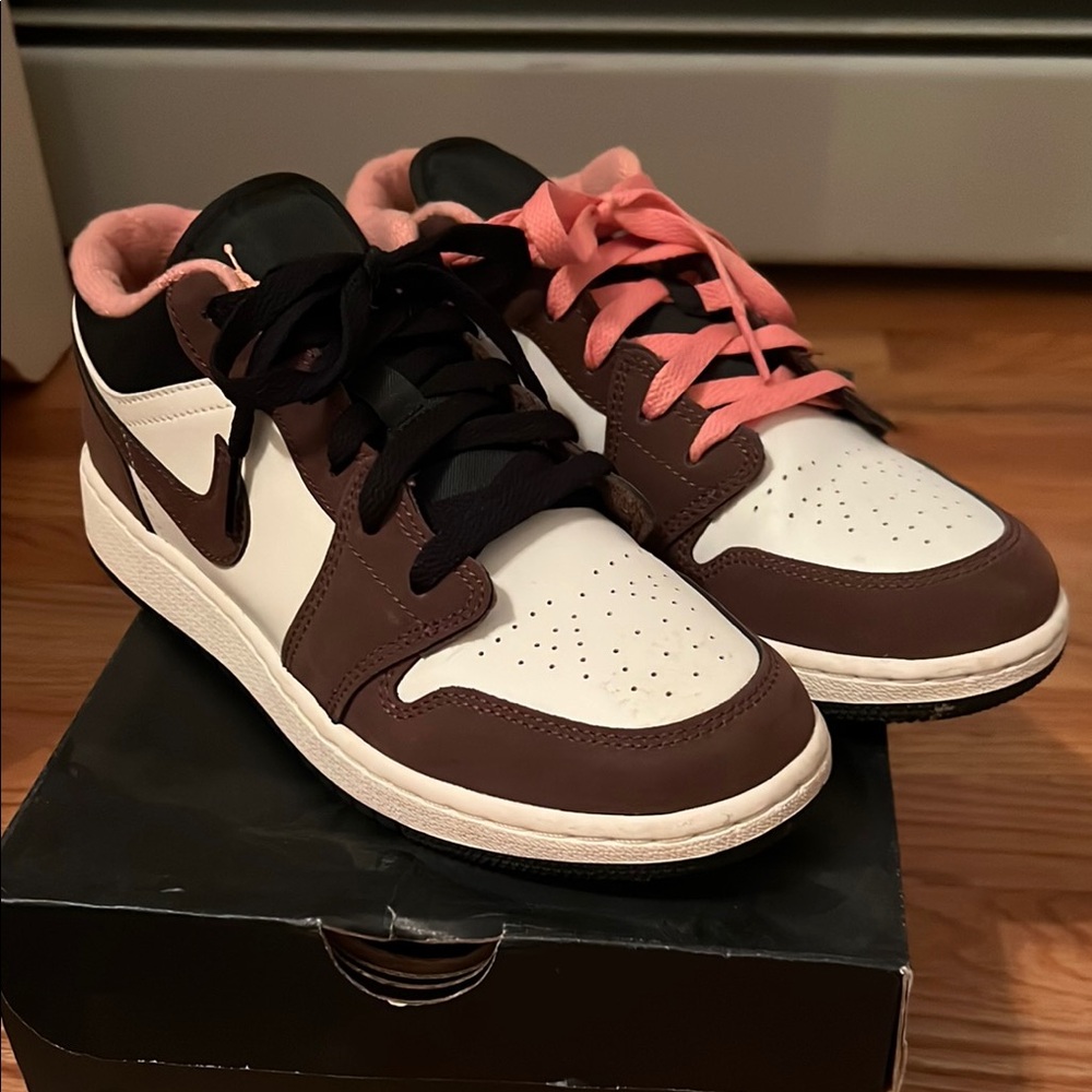 Brown and White Sneakers with Pink Laces